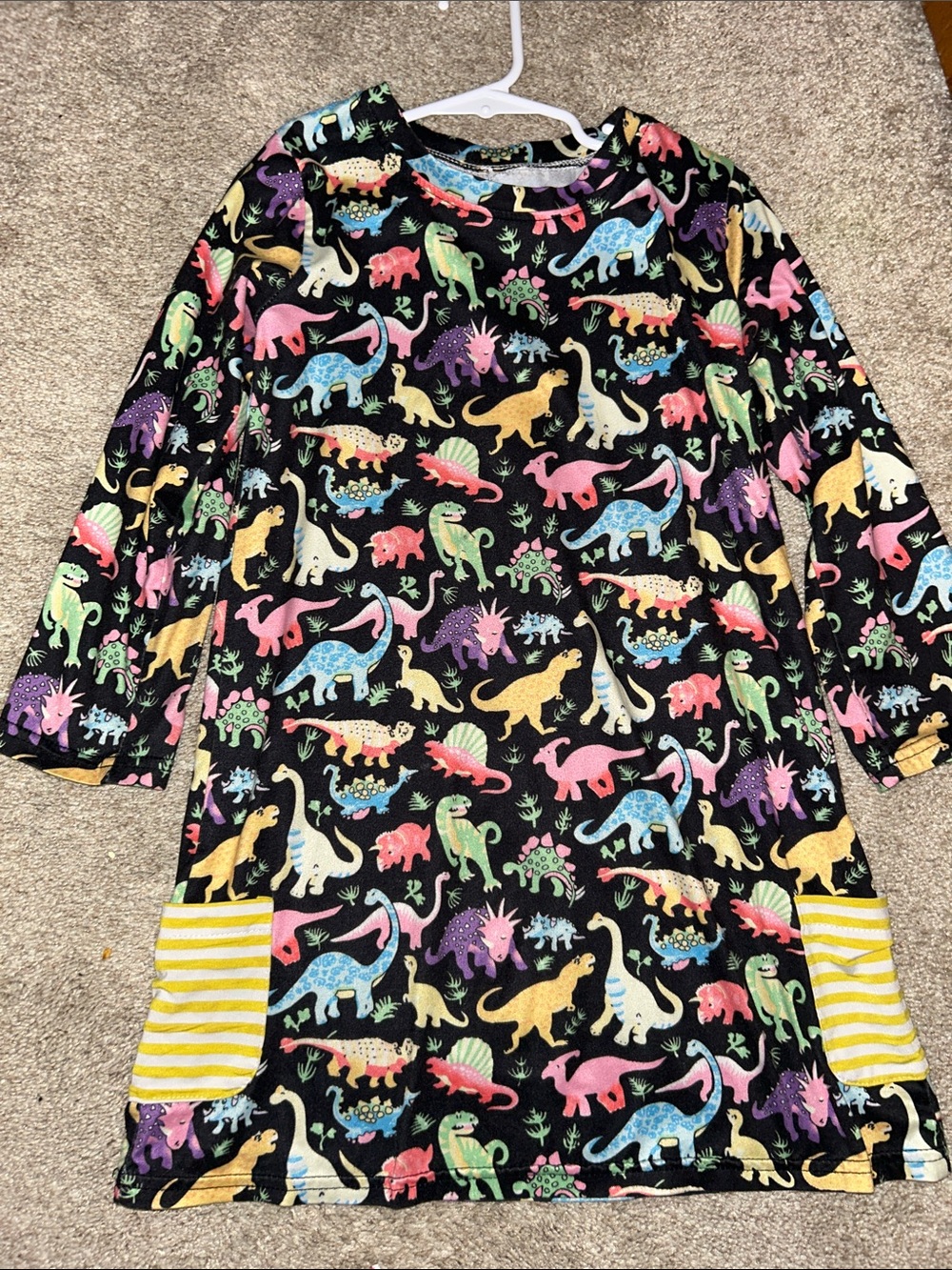 Girls Dinosaur Print Dress with Yellow Stripe Pockets